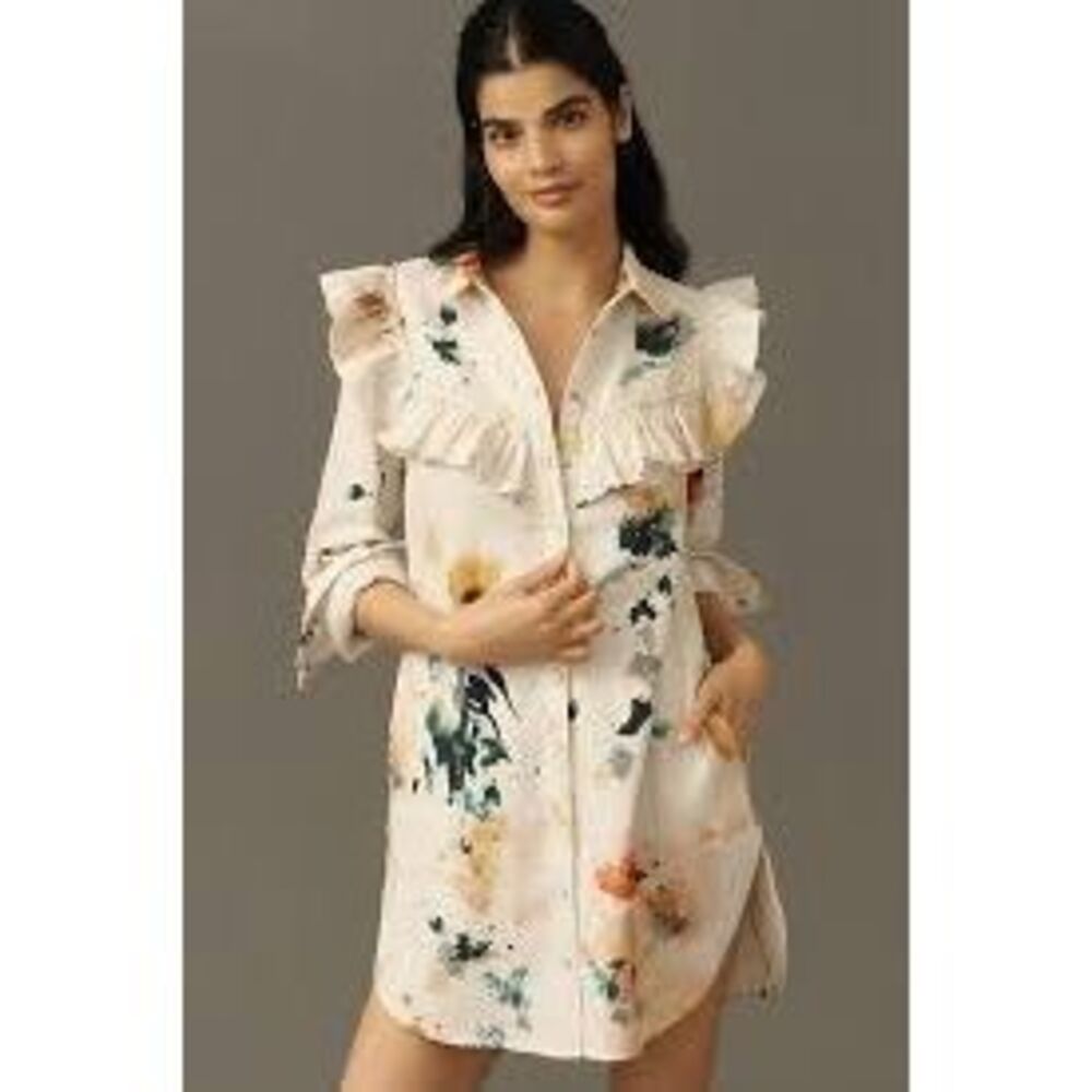 Pilcro / Anthropologie Long-Sleeve Ruffled Denim Mini Shirt Dress